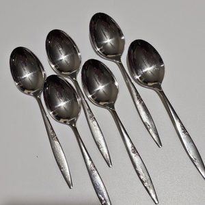 6 Oneida Ltd Rose Duet Oval Soup Spoons 7.25" stainless flatware USA vintage